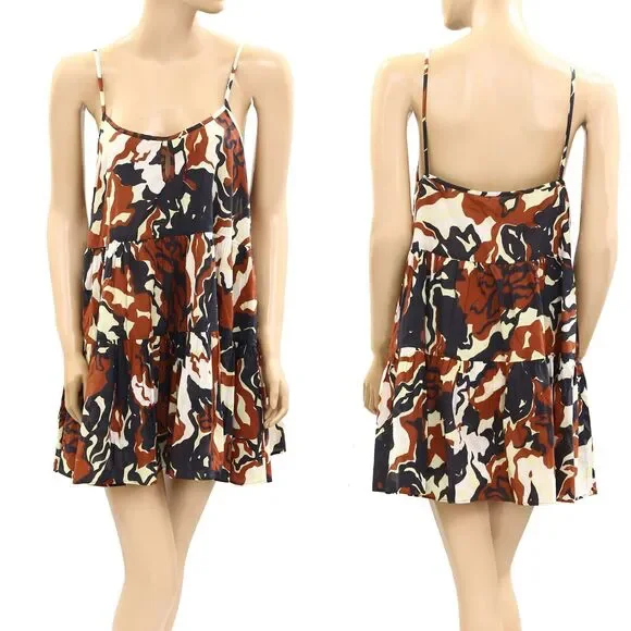 Tanya Taylor Printed Tunic Slip Mini Dress Sleeveless Tiered Beach S NEW 278278